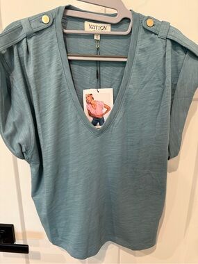 Nation LA V-Neck Washed Teal Puff Sleeve Top